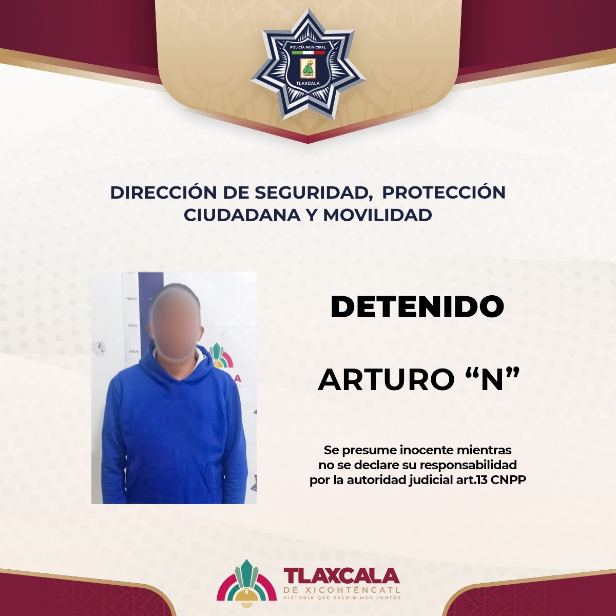 Policía Municipal de Tlaxcala asegura a persona por alterar el orden público en San Hipólito Chimalpa